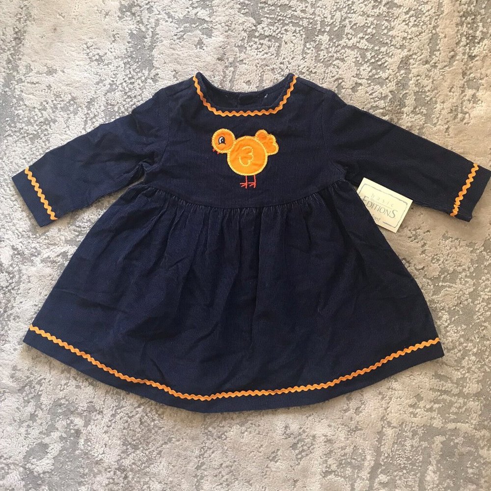 Vintage NWT Basic Editions 18 month Baby Girl Dress Navy Blue Corduroy Dress